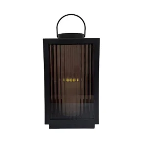 LANTERNE MED RIFLET R�GFARVET GLAS / LED BLOKLYS H28CM 