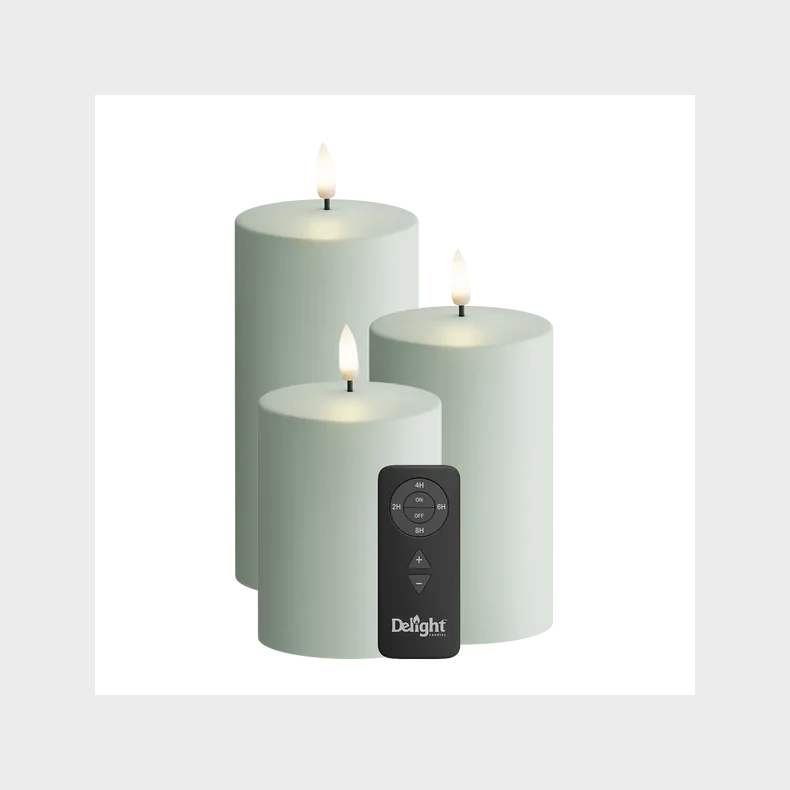 DELIGHT CANDLES OUTDOOR LED BLOKLYS SAGE GREEN 3 STK. MED FJERNBETJENING