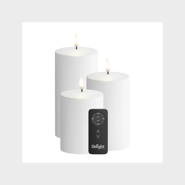DELIGHT CANDLES OUTDOOR LED BLOKLYS HVID 3 STK. MED FJERNBETJENING